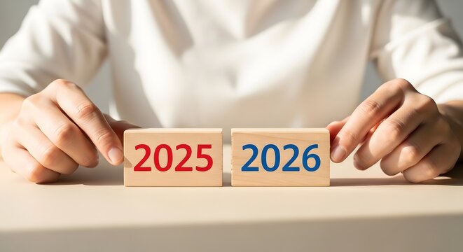 Person flipping calendar blocks from 2025 to 2026