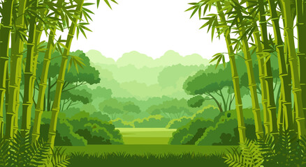 A beautiful and lush green bamboo forest landscape, vector illustration with a tranquil and serene atmosphere for nature and travel themes © Purnomo