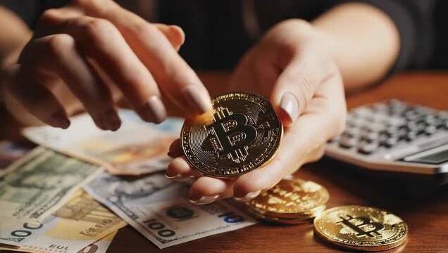 Person handling bitcoin coins with cash. Cryptocurrency investment and financial planning concept. Modern digital currency gains popularity in economic transactions.