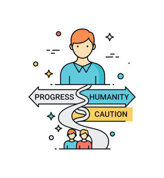 Future of humanity choice split path beneath a simplified enhanced human figure, one direction marked Progress and the other Caution, conveying collective
