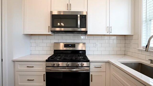 Clean modern kitchen with white cabinets and stainless steel appliances