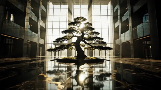 Bonsai tree growing in luxury modern atrium with dramatic backlight for zen and corporate content
