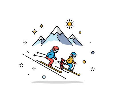 Family ski day on mountain theme illustrated by two small skier figures descending side by side beneath a simple mountain peak silhouette. The composition