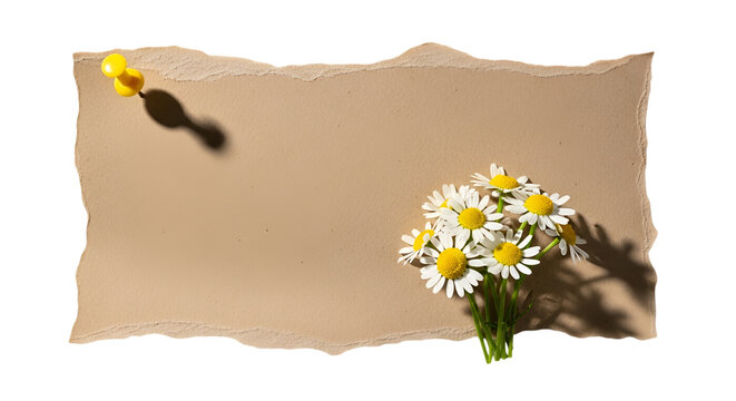 daisies flowers bouquet white flowers yellow centers green stems paper background torn paper beige background black background shadows yellow push pin note background