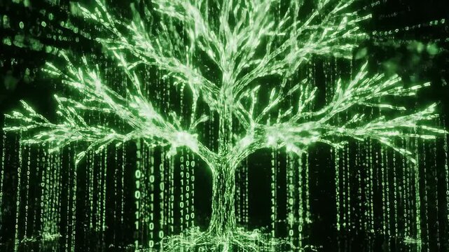 Glowing digital tree growing with binary code falling on dark background for technology and data concept