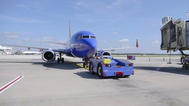 Ground Crew Preparing Blue Airplane At Jet Bridge On Airport Tarmac With Tow Tractor