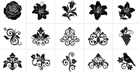 Black floral and vine ornamental and motifs white flower rose © hr graphics