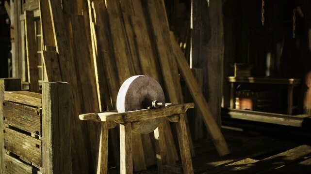 Sunlit Namibian shack interior with millstone, doorway glowing amber at sunset, weathered wooden porch and planks, grainy dust motes in warm light, shadowed