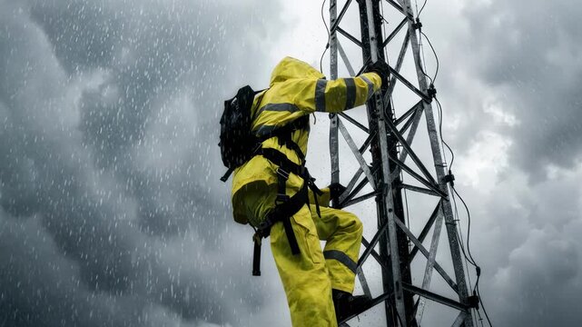Worker ascending a tall communication tower amidst cloudy weather sharply focused technician contrasting against soft diffuse gray sky.