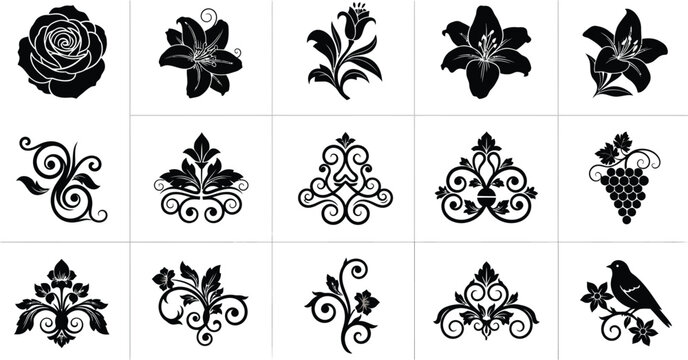 Black floral and vine ornamental and motifs white flower rose