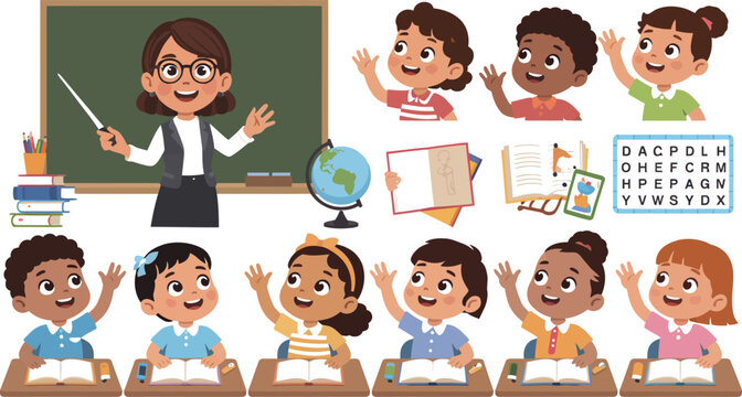 Primary school teacher gestures toward blackboard with excited young.