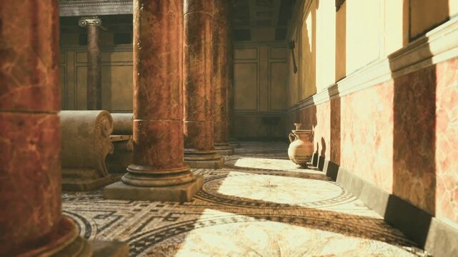 Grand ceremonial entrance framed by columns, elaborately patterned mosaic underfoot, sunlight slicing through arches, imposing classical proportions
