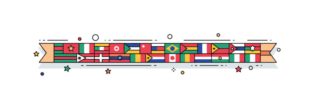 World nations banner horizontal ribbon displaying small stylized flag blocks aligned in geometric order, conveying diversity, diplomacy and international
