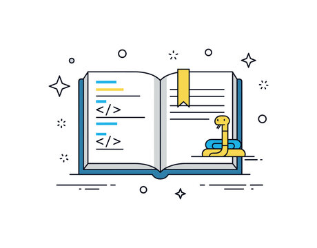 Python learning journey illustrated by an open book with simple code lines and a small snake bookmark, conveying study, practice, and beginner friendly
