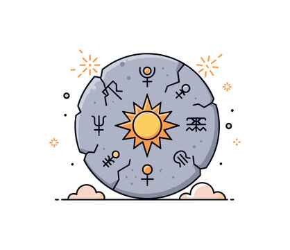 Ancient symbols carved into a circular stone tablet with subtle cracks and a central sun motif, expressing mystery, heritage, and lost knowledge from early