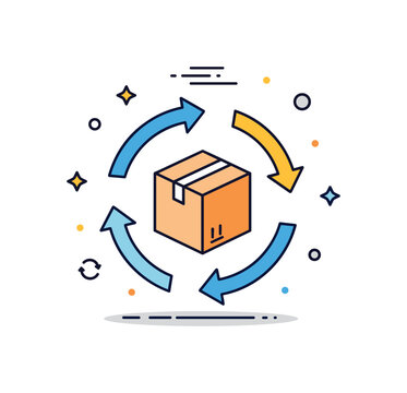 Circular economy packaging central box icon connected to recycle arrows forming a loop, symbolizing material reuse and responsible product life
