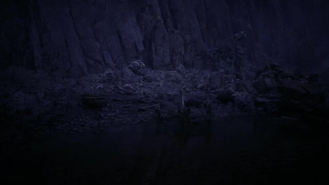 Black water at rocky cliff base, starless sky, mirrorlike pool, deep abyssal tones, starlight hint, strata layers, geologic textures, dramatic composition,