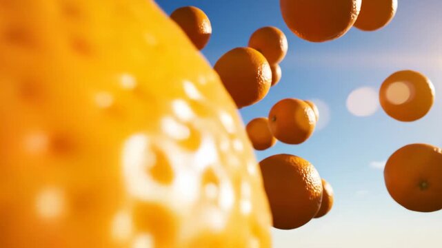 Fresh oranges falling and floating against blue sky in cinematic 3D render for food and nutrition content