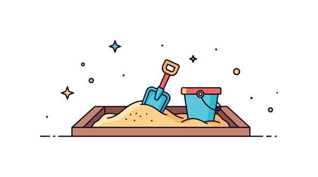 Sand pit playground scene featuring a small shovel and bucket beside a shallow sandbox depression, conveying childhood play, creativity, and outdoor fun. A