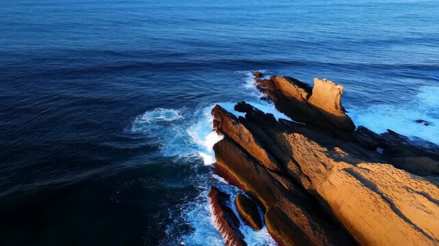 Cliff rugged rocky with waves crashing against ocean shore featuring sea, water, shoreline with coast and coastal elements for landscape, nature