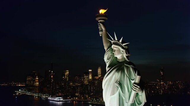Statue of Liberty with copper green patina at nighttime, iconic symbol of freedom and democracy in New York City harbor.