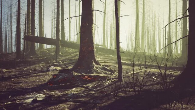 Bright glow illuminates scorched forest area. Sunlight softly filters over charred trunks as investigator evaluates damage extent along ridge