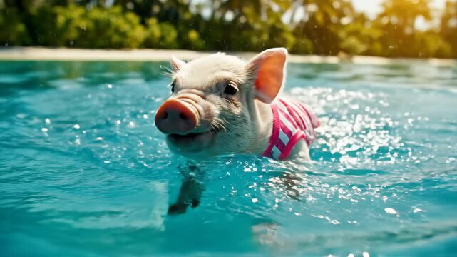 Cute baby pig swimming in tropical turquoise water wearing colorful swimsuit for summer and fun content