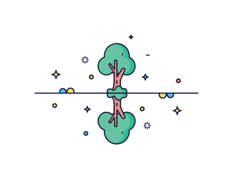 Mirror dimension reflection with a single tree duplicated upside down beneath a horizontal line representing a hidden parallel world. Clean symmetry and subtle
