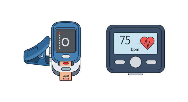 Vector illustration of a fingertip pulse oximeter and a heart rate monitor for medical diagnostics.