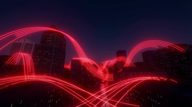 Cityscape with glowing red wifi signal at night in modern metropolitan area featuring urban, technology, connectivity with network and city elements