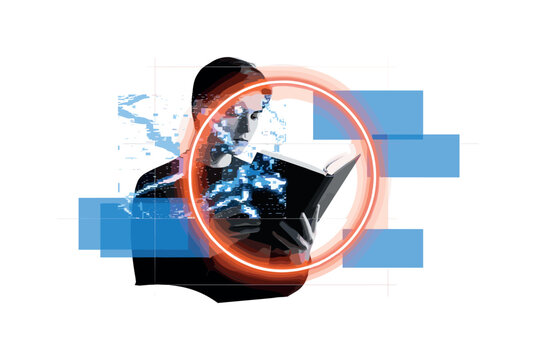 Black and white person reading physical book while ghosted digital screen overlays behind, bright orange circular halo around the book, blue rectangular blocks