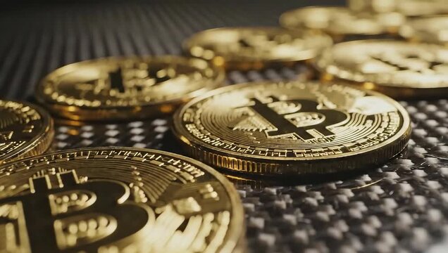 Bitcoin coins stacked on black background. Cryptocurrency investment shows potential for profit. Digital currency market thrives with innovative technology.