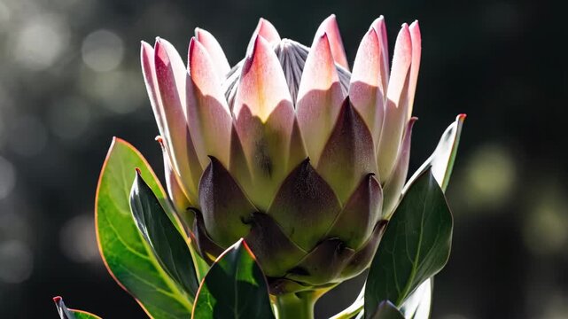 Protea flower blooming in close up natural light for nature and botanical content