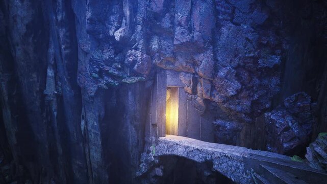 Shallow riverbed in dim cavern light, scattered rock formations, cool blue illumination from ceiling, distant warm glows along walls, tranquil subterranean