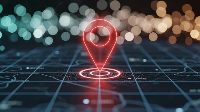 Red glowing location pin pulsing on digital map surface for navigation and technology content