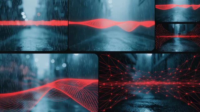Focused medium shot of streaming video feeds with AIgenerated red flags marking potential deepfake content the alert symbols crisp against a diffused multivideo background.