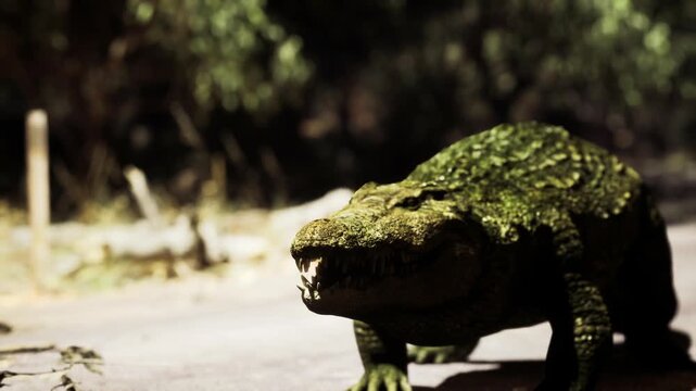 Unexpected crocodile on suburban road, cautious slow movement across faded lane, surrounding trees and signage hint at human presence, uncanny coexistence mood.