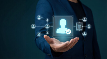 Fototapeta premium Digital Identity Verification Concept with Man Holding Data Security Icons