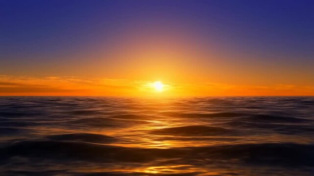 Sunset cinematic low-angle shot from water level at golden hour with vibrant orange hues and gentle waves on the ocean surface