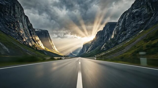 Dramatic mountain road driving forward through stormy valley with sunrays breaking through clouds