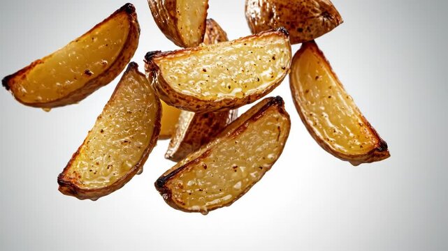 Crispy roasted potato wedges falling and tumbling with salt crystals for food and restaurant content