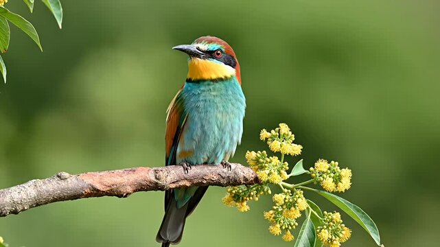 Colorful bee-eater bird perched on branch with yellow flowers