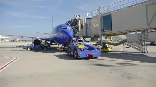 Ground Crew Preparing Blue Airplane At Jet Bridge On Airport Tarmac With Tow Tractor