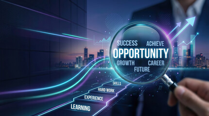 Obraz premium Opportunity success achieve growth career future skills learning experience business vision opportunity success achieve growth career future skills learning experience city skyline background with