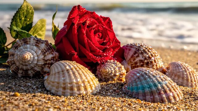 Red rose and seashells resting on sandy beach near ocean waves for romantic nature content