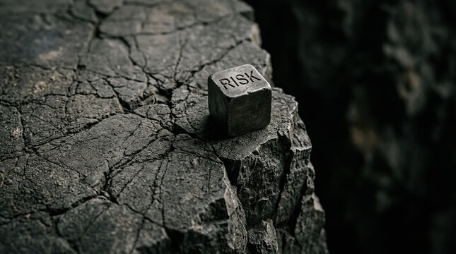 Risk danger uncertainty challenge concept metaphor rock cliff edge decision cautious risk cube rugged rock cliff edge symbolizes danger uncertainty and strategic challenge business finance