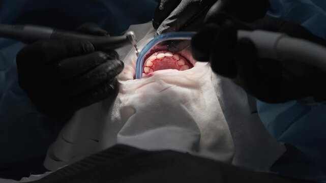 Professional dental hygiene procedure with a dentist using an air polisher tool and suction to clean a patient's teeth from plaque and tartar during a routine checkup in a modern clinic