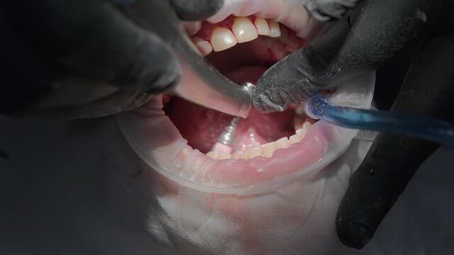 Close-up of a dentist performing a professional dental cleaning and polishing procedure on a patient's teeth using an air polisher tool and a saliva ejector in a modern clinic