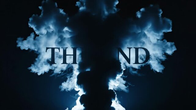 Dramatic smoke cloud explosion expanding on dark background revealing the end title card for cinematic intro
