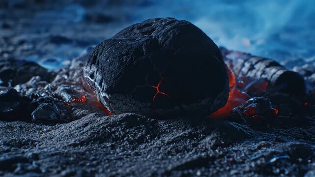 Glowing lava rock slowly cooling on dark volcanic ash ground for fire and geology content
